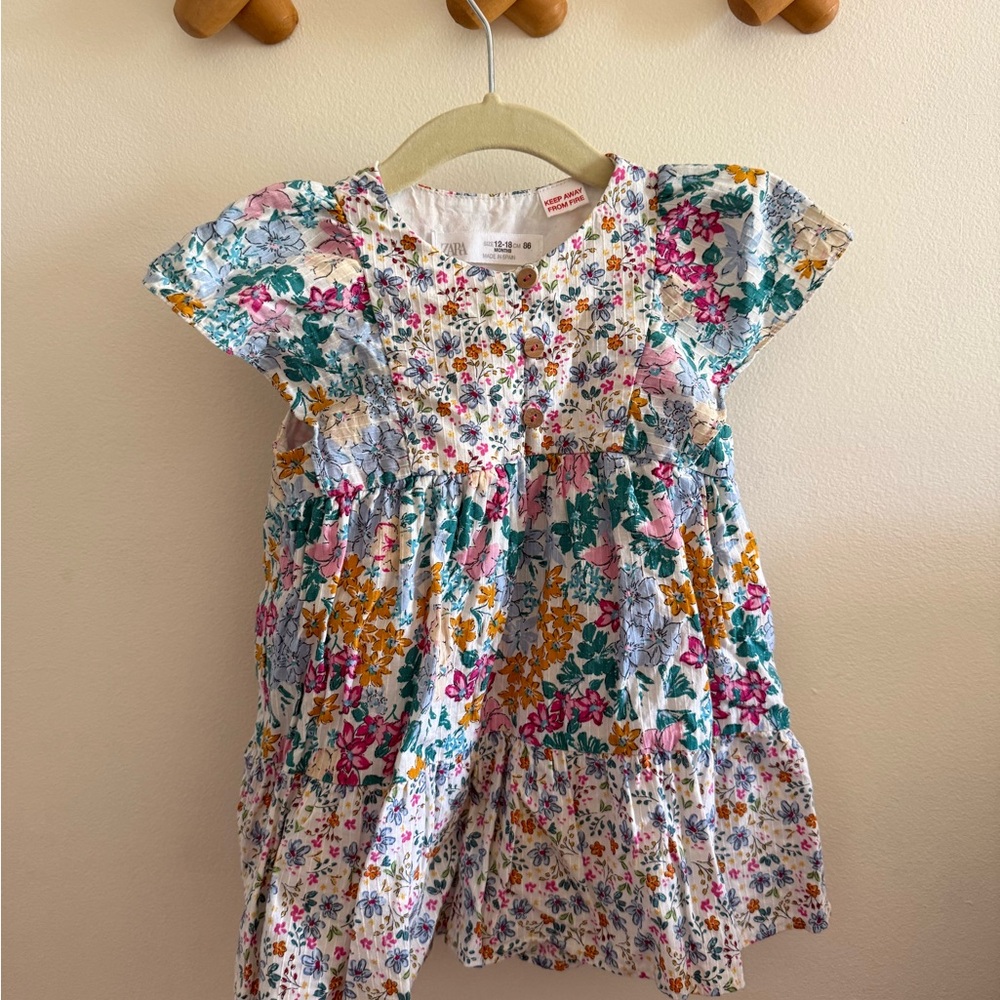 Zara White Floral Button-Front Baby Dress with Pink, Teal & Mustard Accents